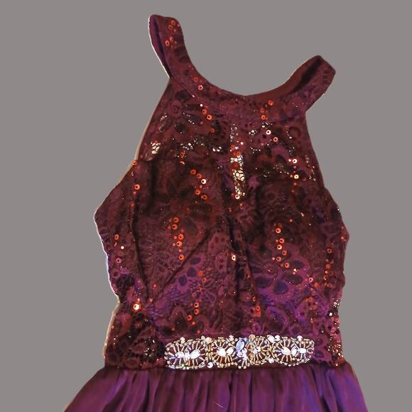 BCX Womens Short Party Dress/ Burgandy/Chiffon, Lace, Sequins/Jr Size 1 - Picture 3 of 9